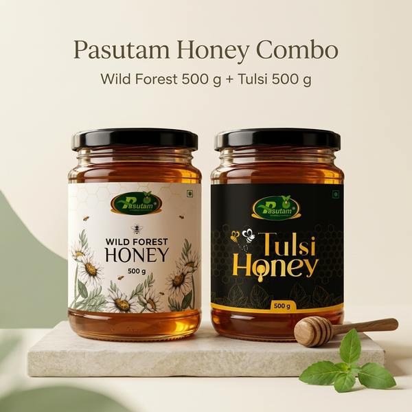 Pasutam Wild Forest 500 g aur Tulsi 500 g honey combo mockup